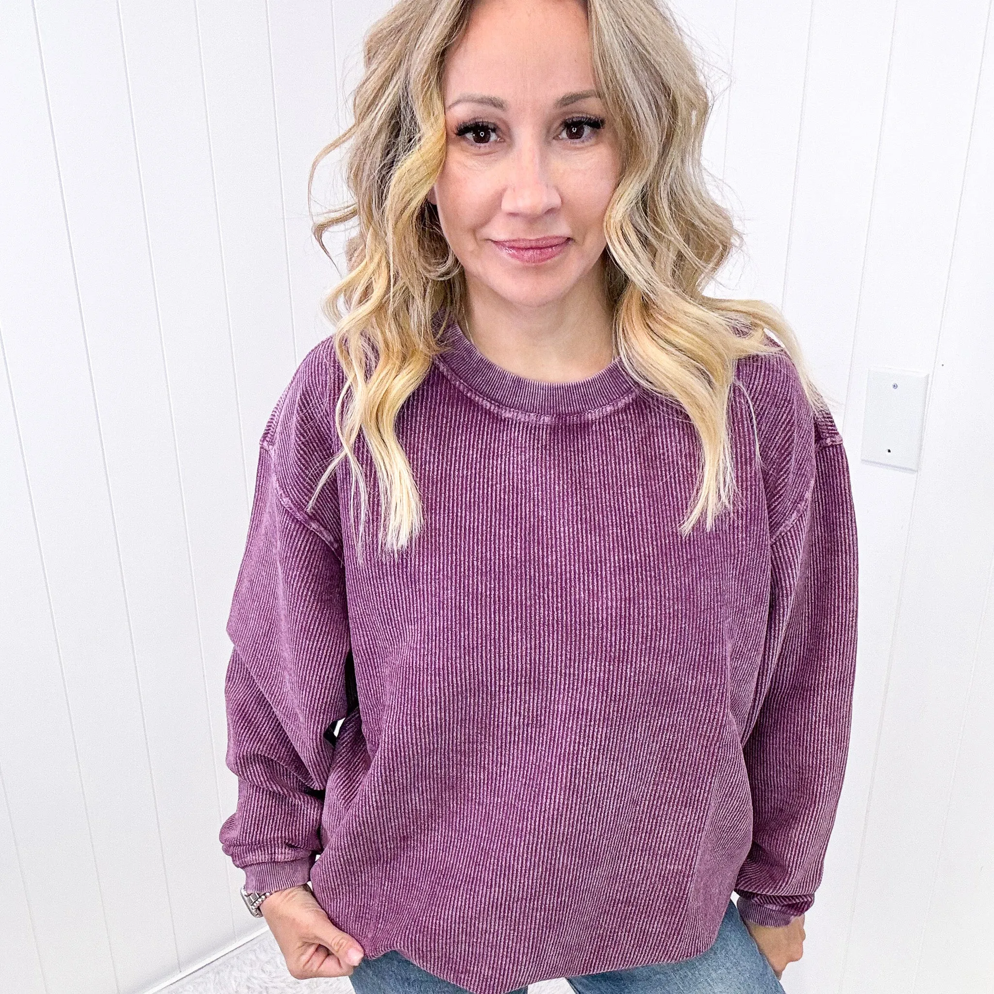 Luxe Corded Crewneck Pullover Sweater in Plum sold by Boujee Boutique product image thumbnail 3
