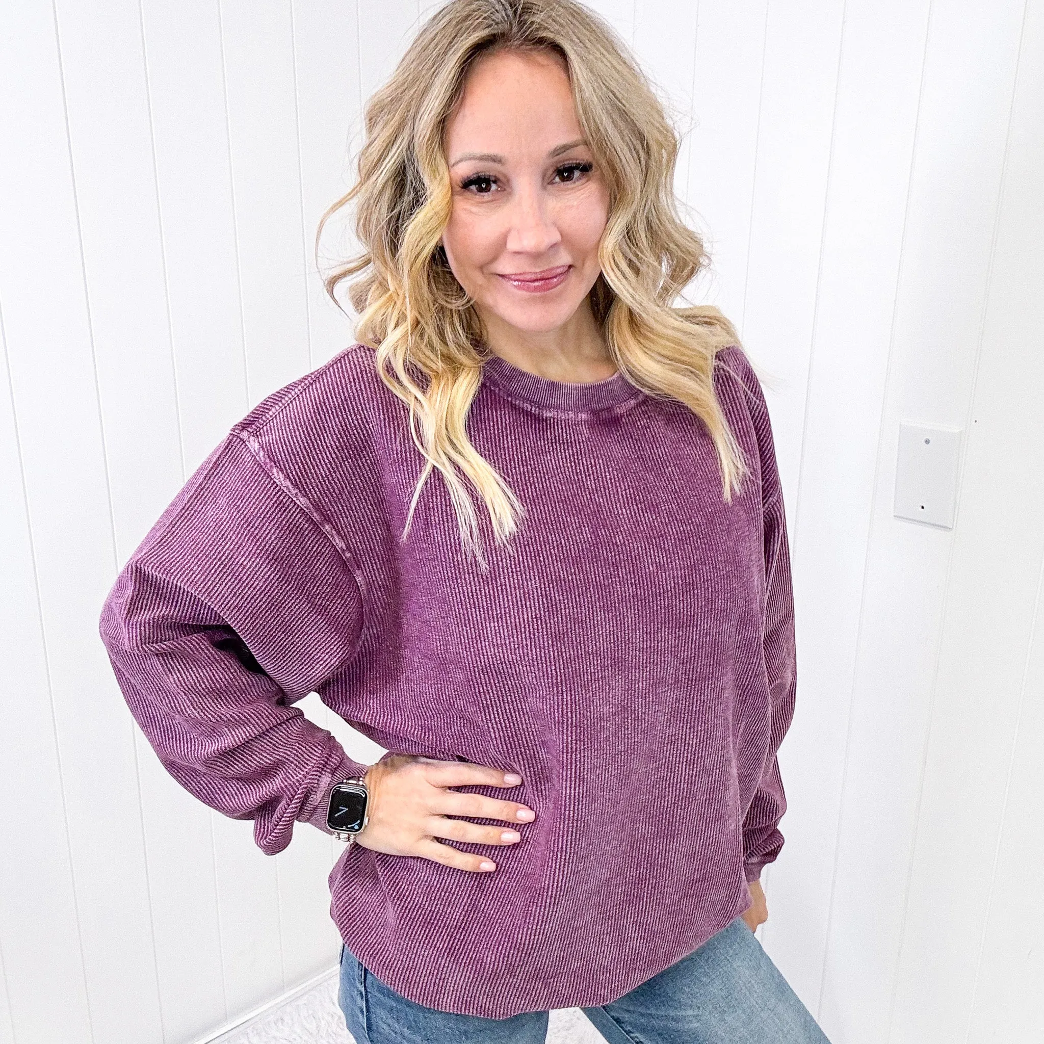 Luxe Corded Crewneck Pullover Sweater in Plum sold by Boujee Boutique product image thumbnail 5