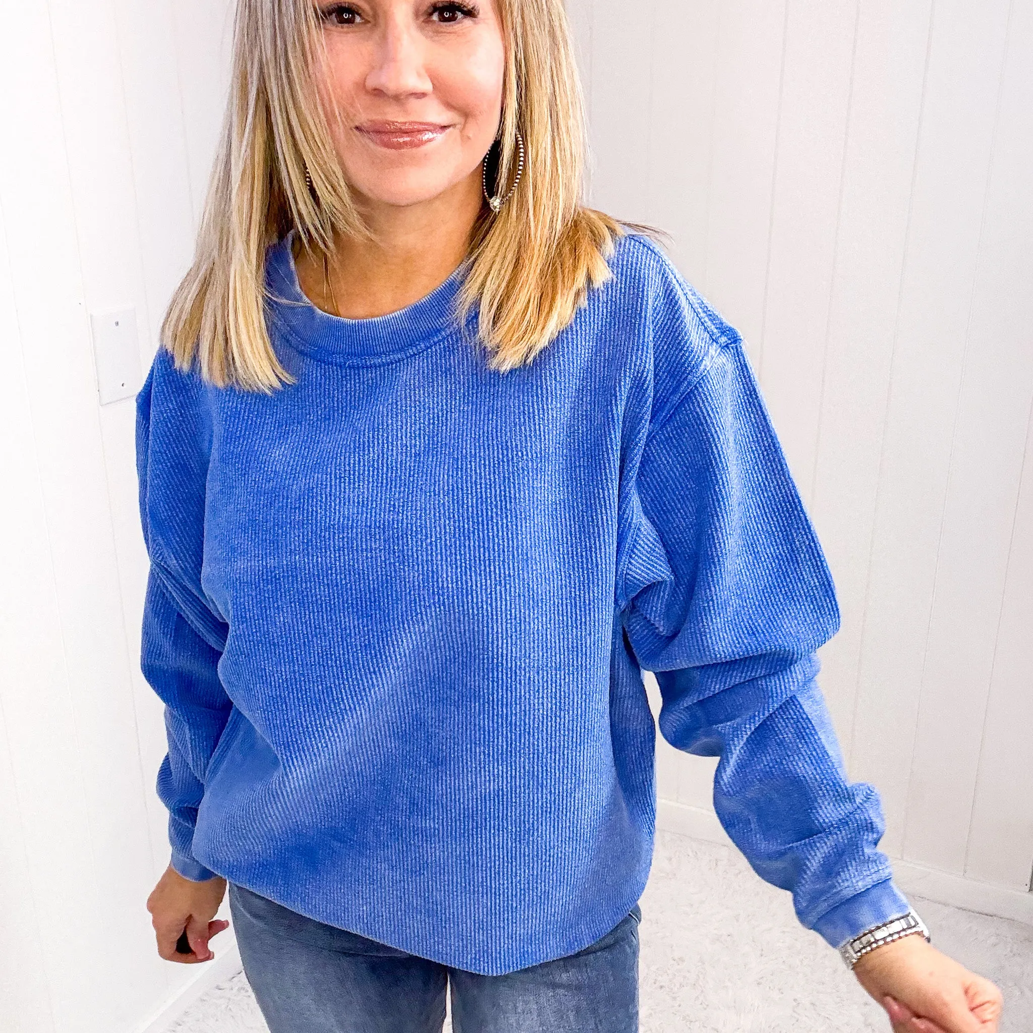 Oversized Luxe Soft Corded Crewneck Pullover in Royal Blue sold by Boujee Boutique product image thumbnail 2