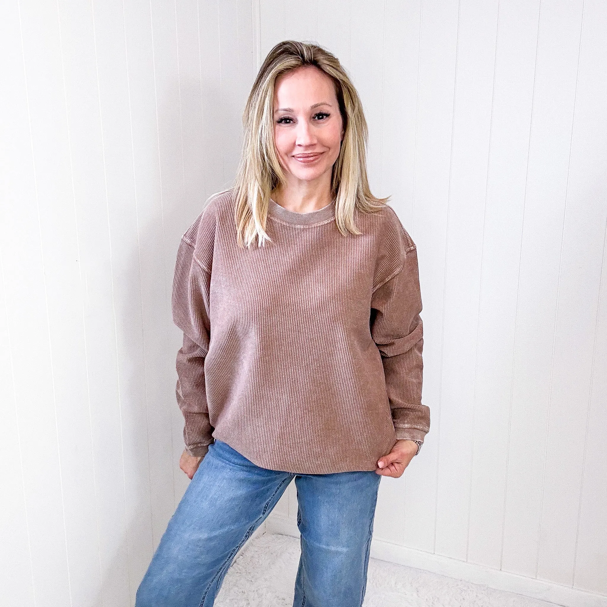 Oversized Luxe Soft Corded Crewneck Pullover in Toffee Brown sold by Boujee Boutique product image thumbnail 3
