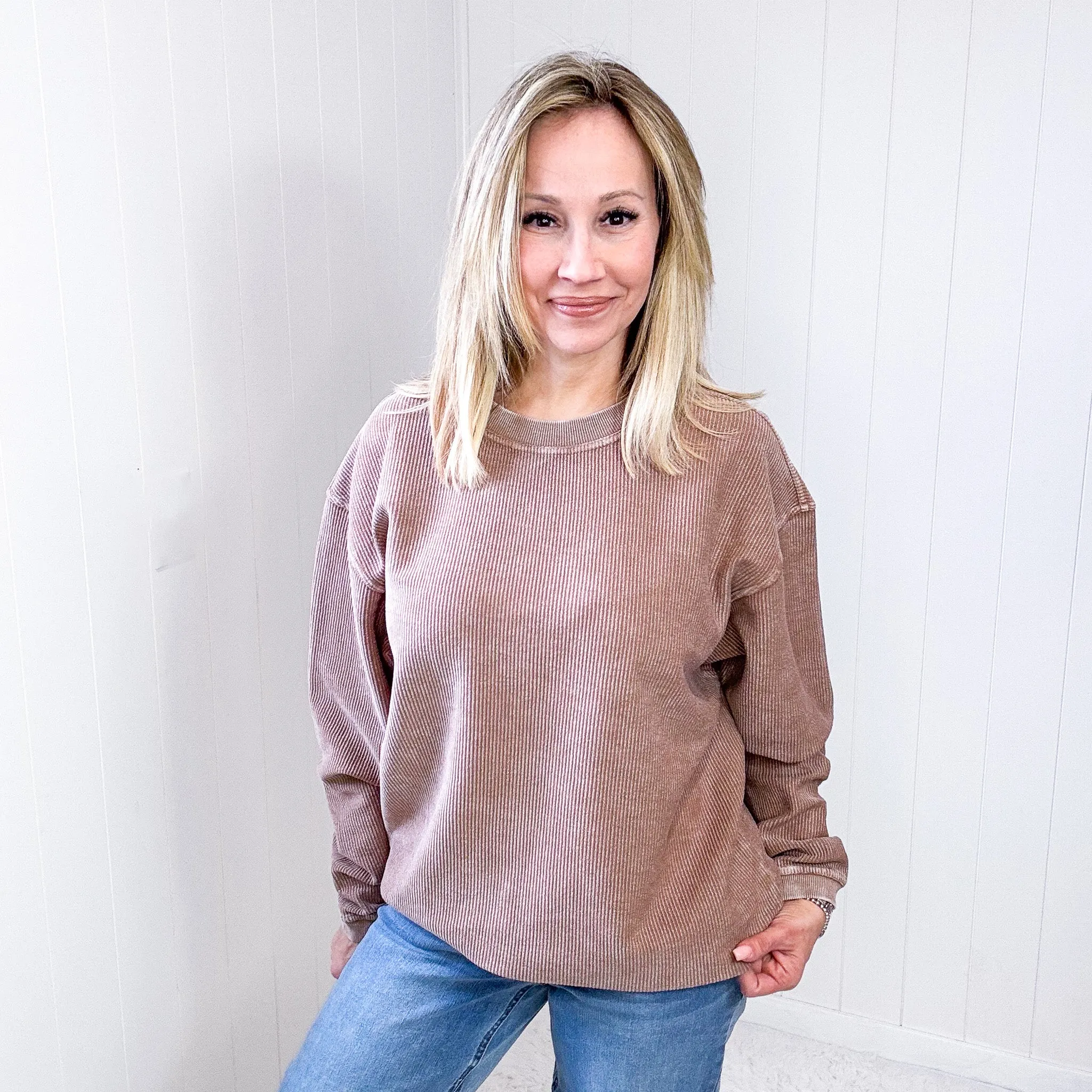 Oversized Luxe Soft Corded Crewneck Pullover in Toffee Brown sold by Boujee Boutique
