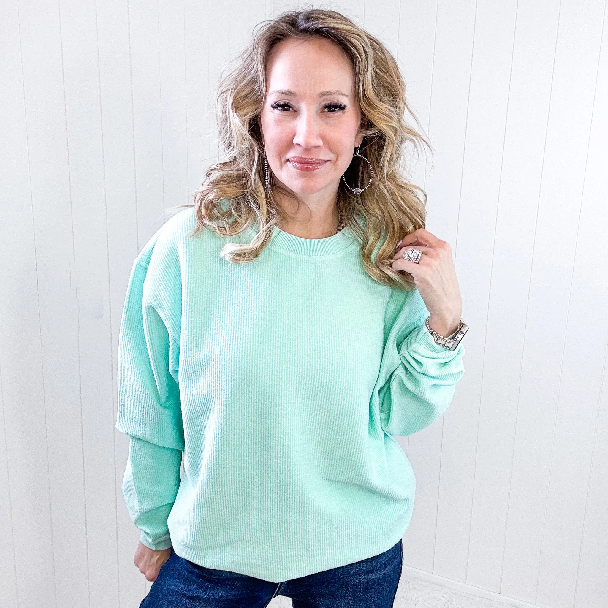 Oversized Luxe Soft Corded Crewneck Pullover in Mint Green sold by Boujee Boutique