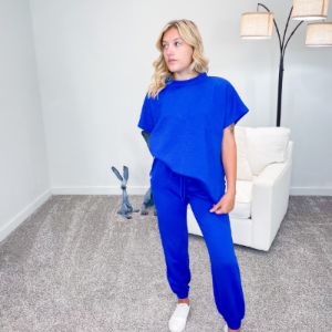 Royal Blue Textured Short Sleeve Top sold by Boujee Boutique