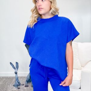 Royal Blue Textured Short Sleeve Top sold by Boujee Boutique