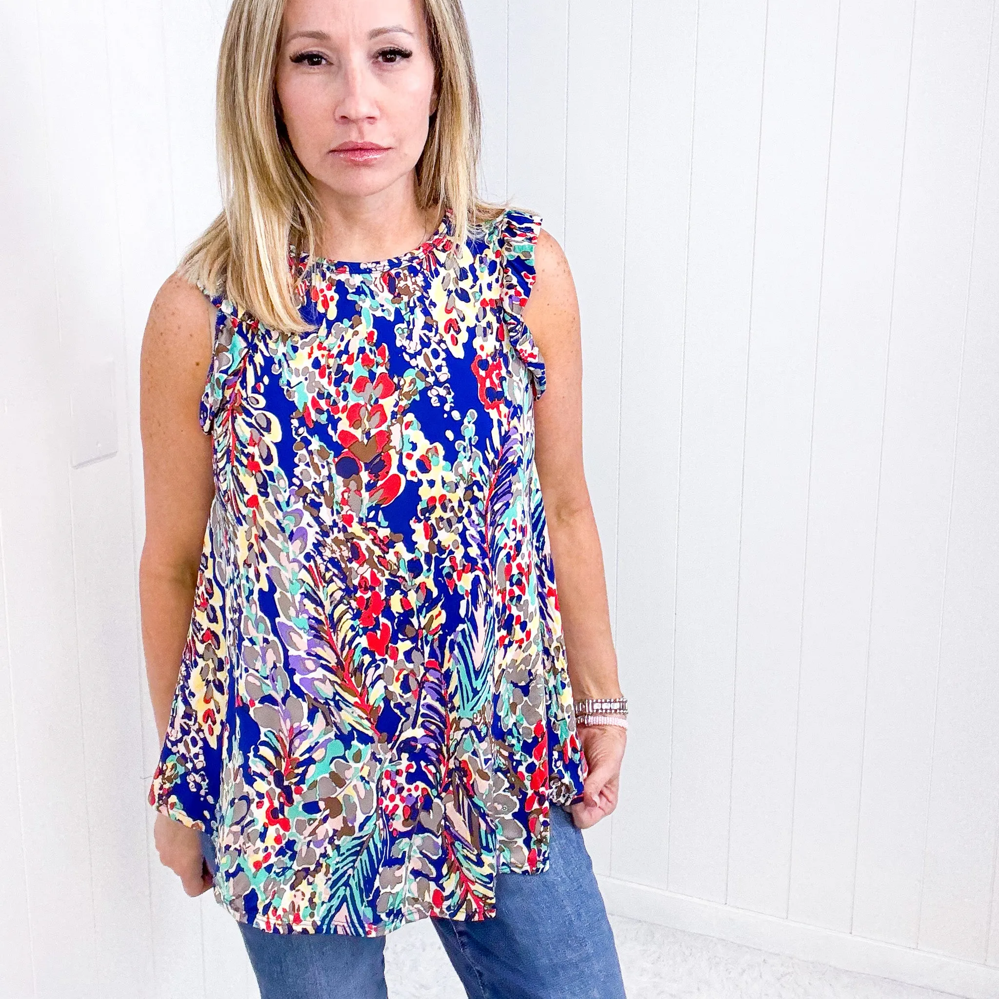 Sunny Days Navy Floral Ruffle Sleeveless Top sold by Boujee Boutique product image thumbnail 2
