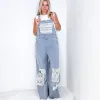 Pol Living Lacy Relaxed Super Wide Leg Patch Detail Denim Overalls sold by Boujee Boutique
