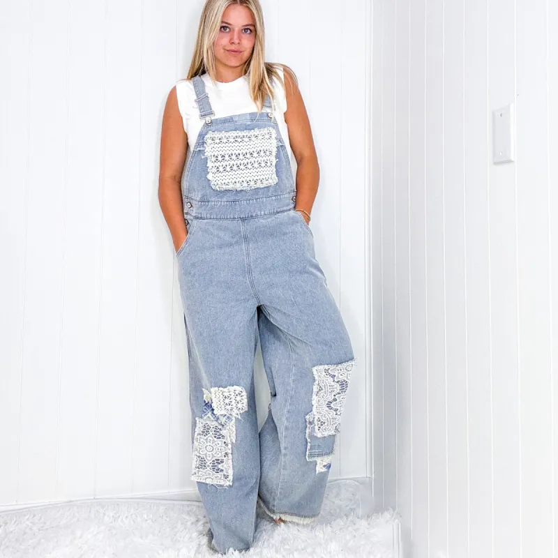Pol Living Lacy Relaxed Super Wide Leg Patch Detail Denim Overalls sold by Boujee Boutique