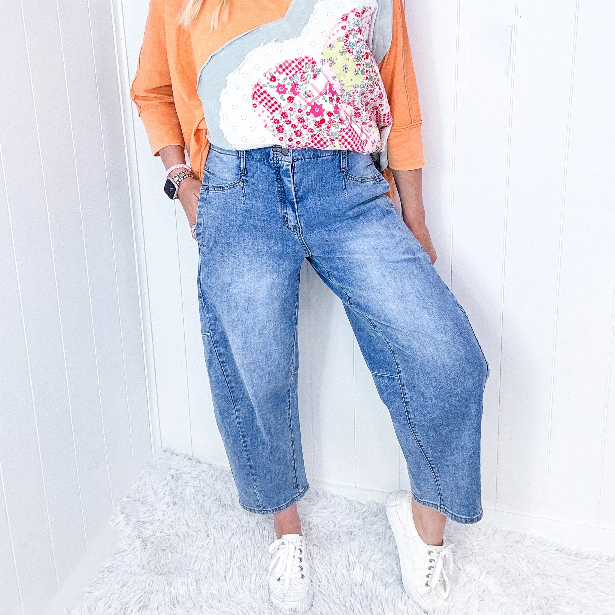 Easel Barrel Washed Denim Baggy Pants in Blue sold by Boujee Boutique