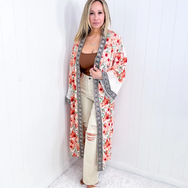 Pol Floral and Lace Gold Beaded Detailing Duster Kimono sold by Boujee Boutique