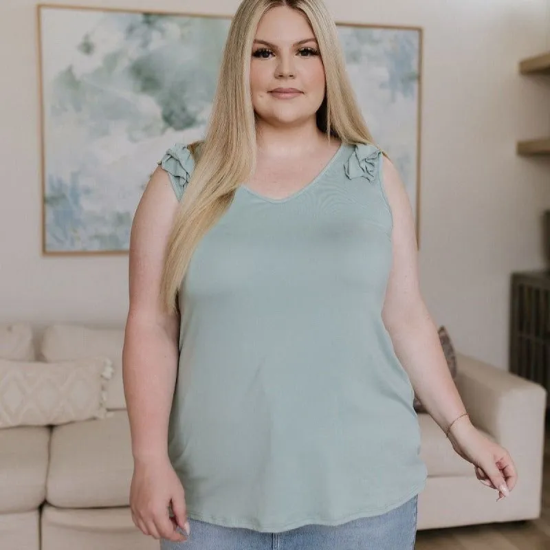 Dusty Sage Good For You Ruffle Detail Tank Top sold by Boujee Boutique