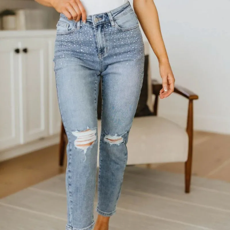 Judy Blue High Waist Rhinestone Embellished Distressed Slim Jeans made by Boujee Boutique