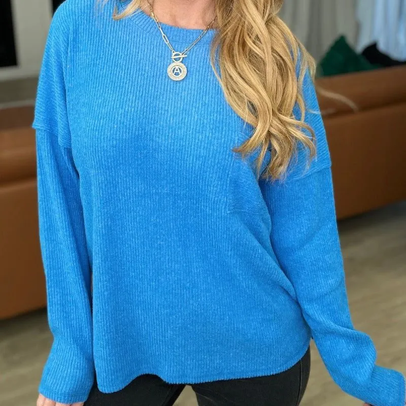 Ribbed Brushed Hacci Sweater in Ocean Blue sold by Boujee Boutique