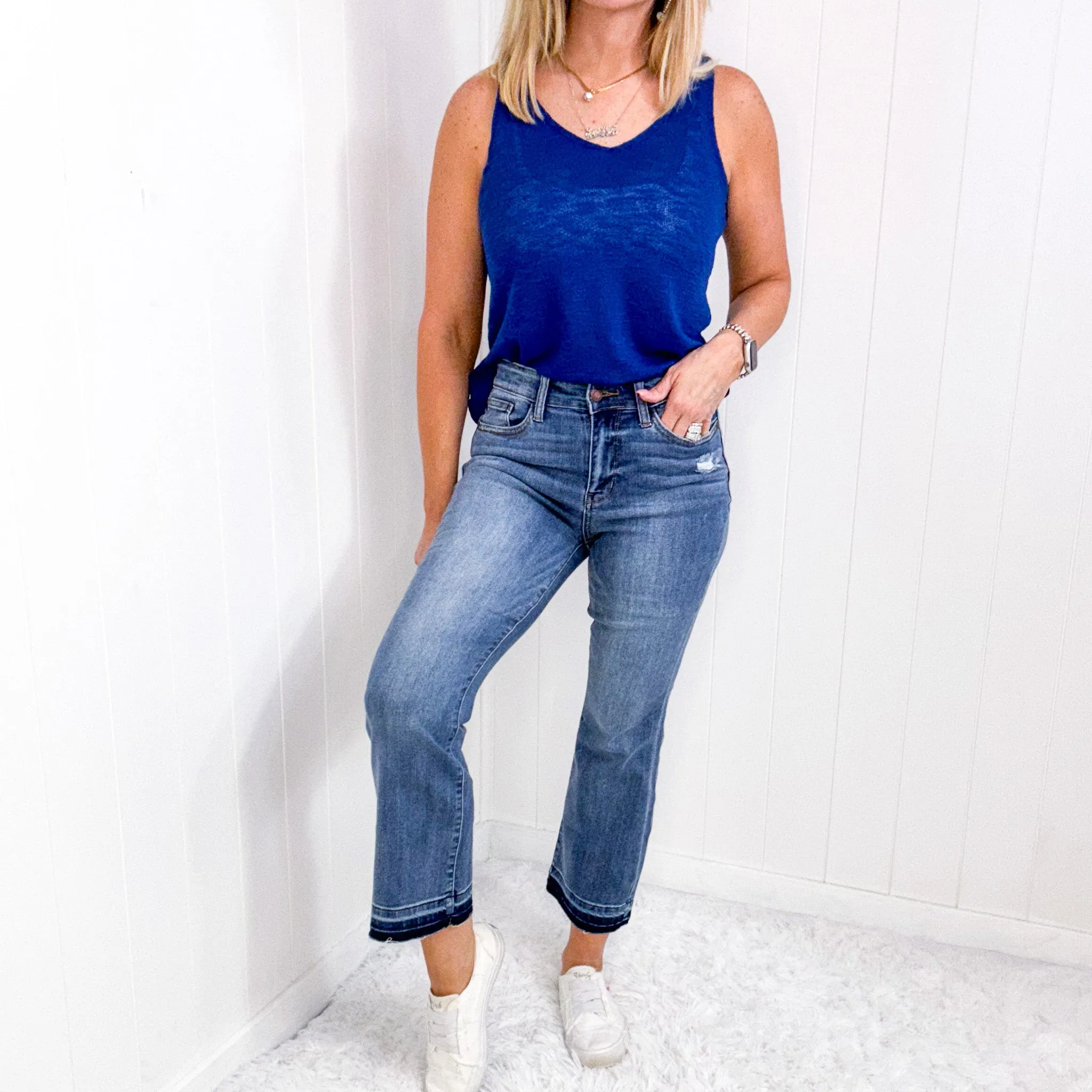 Judy Blue Mid Rise Release Hem Cropped Bootcut Jeans sold by Boujee Boutique