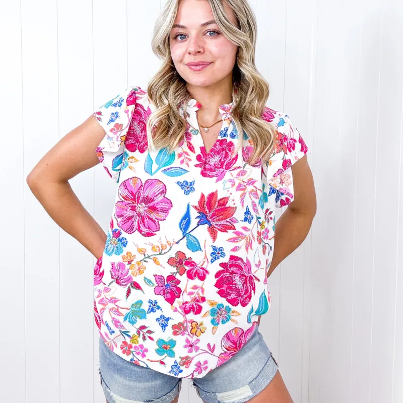 Hello Beautiful Ivory Floral Sequin Print Frill Notch Neck Top sold by Boujee Boutique