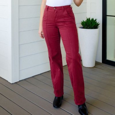 Judy Blue Phoebe High Rise Front Seam Straight Jeans in Burgundy sold by Boujee Boutique