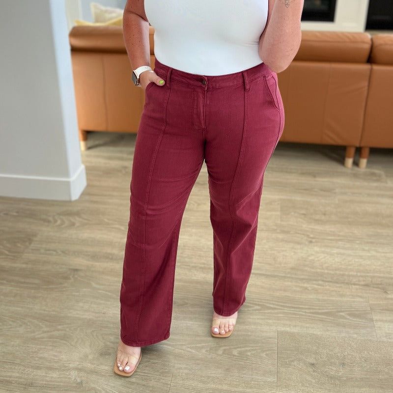 Judy Blue Phoebe High Rise Front Seam Straight Jeans in Burgundy sold by Boujee Boutique product image thumbnail 2