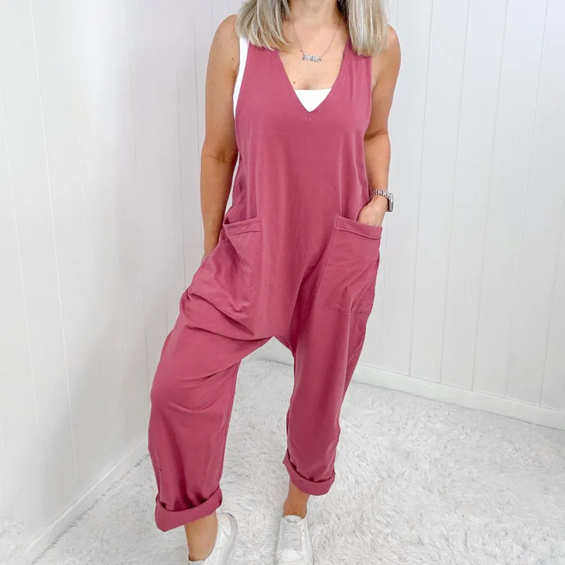 Dark Rose Plunge Sleeveless Jumpsuit with Pockets sold by Boujee Boutique