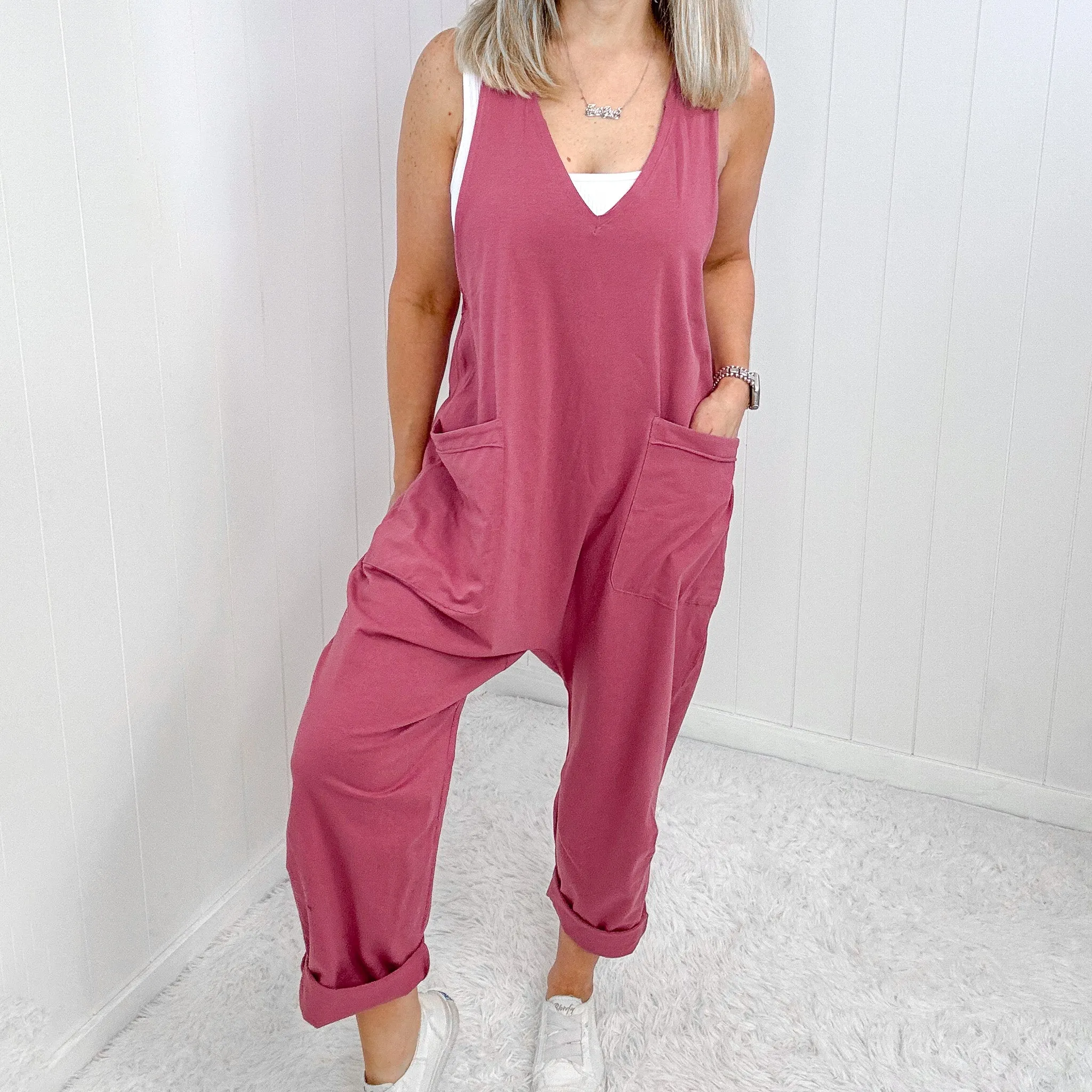 Dark Rose Plunge Sleeveless Jumpsuit with Pockets sold by Boujee Boutique