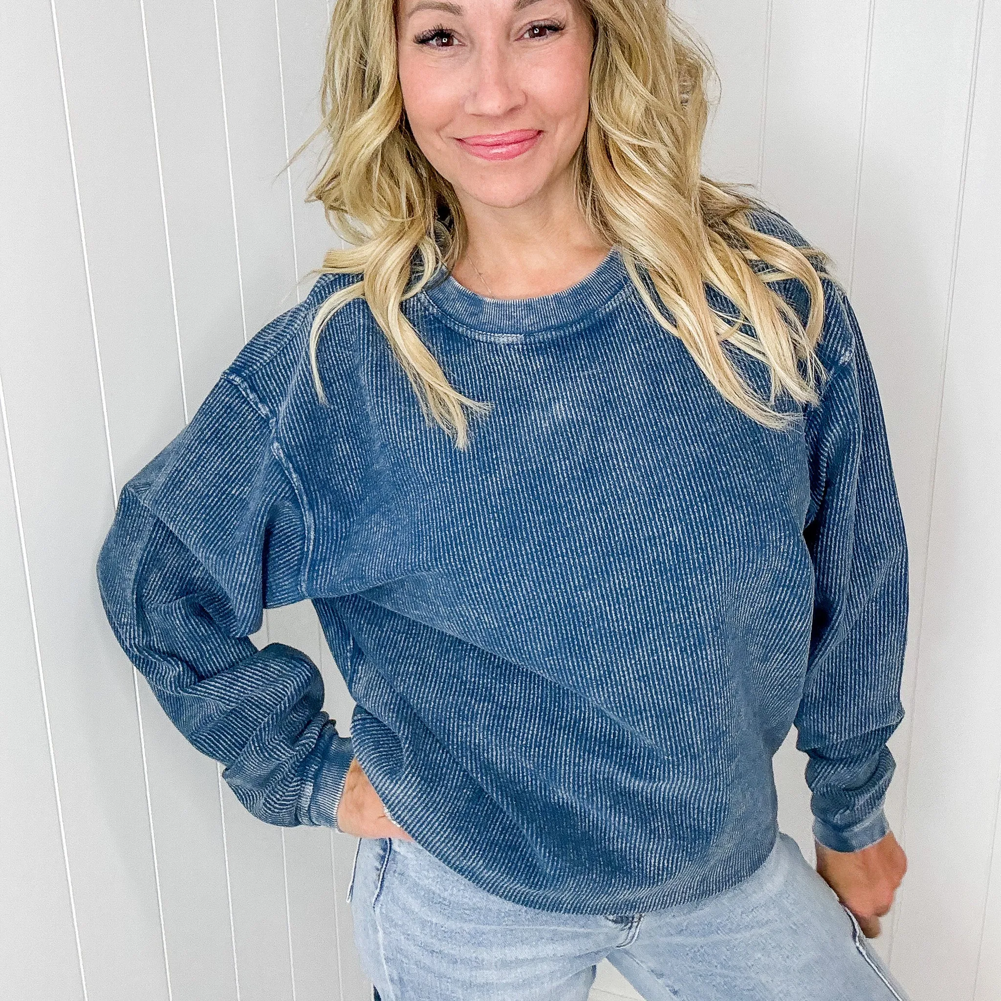 Navy Snow Washed Oversized Luxe Soft Corded Crewneck Pullover sold by Boujee Boutique product image thumbnail 5