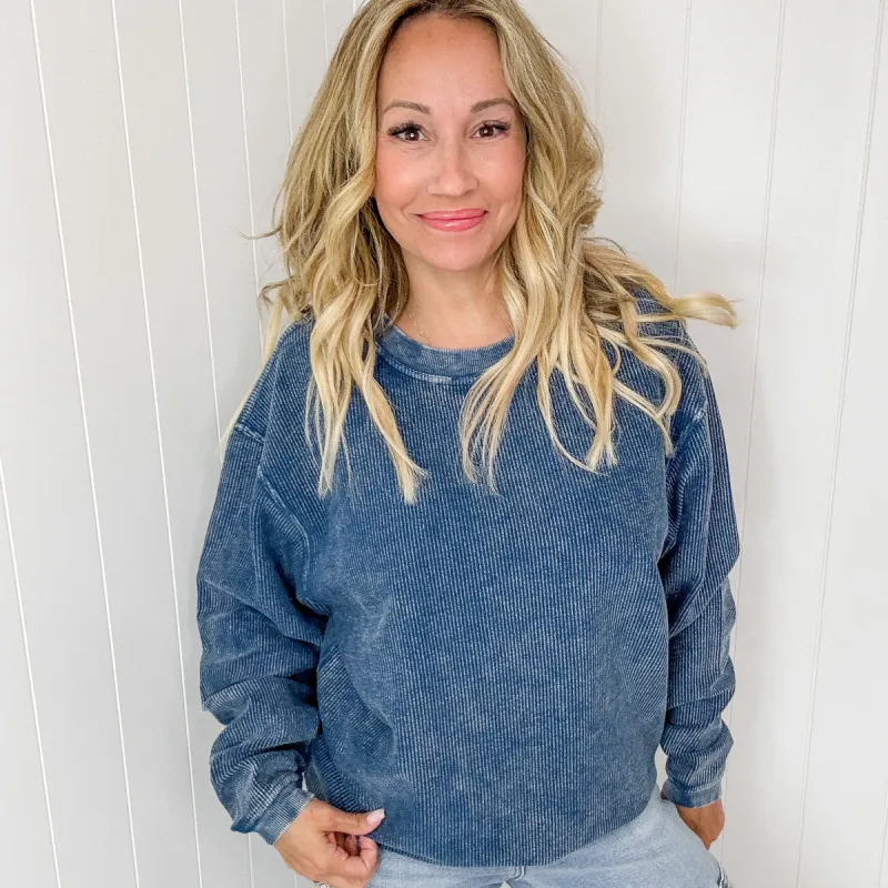 Navy Snow Washed Oversized Luxe Soft Corded Crewneck Pullover sold by Boujee Boutique