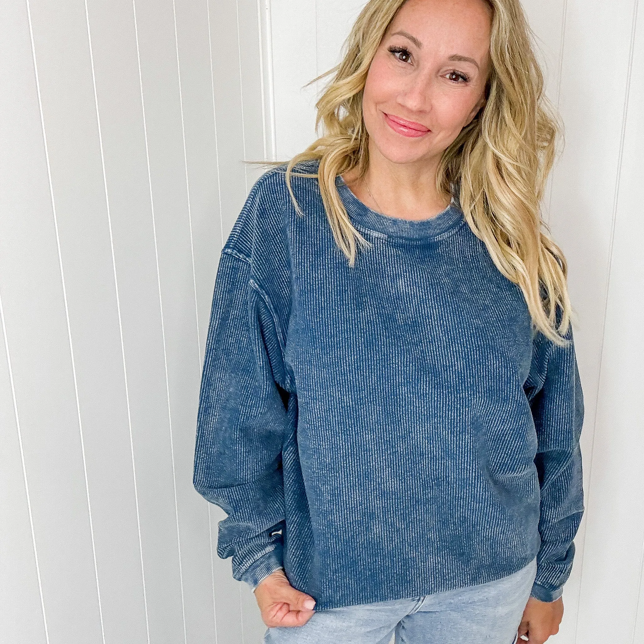 Navy Snow Washed Oversized Luxe Soft Corded Crewneck Pullover sold by Boujee Boutique product image thumbnail 4