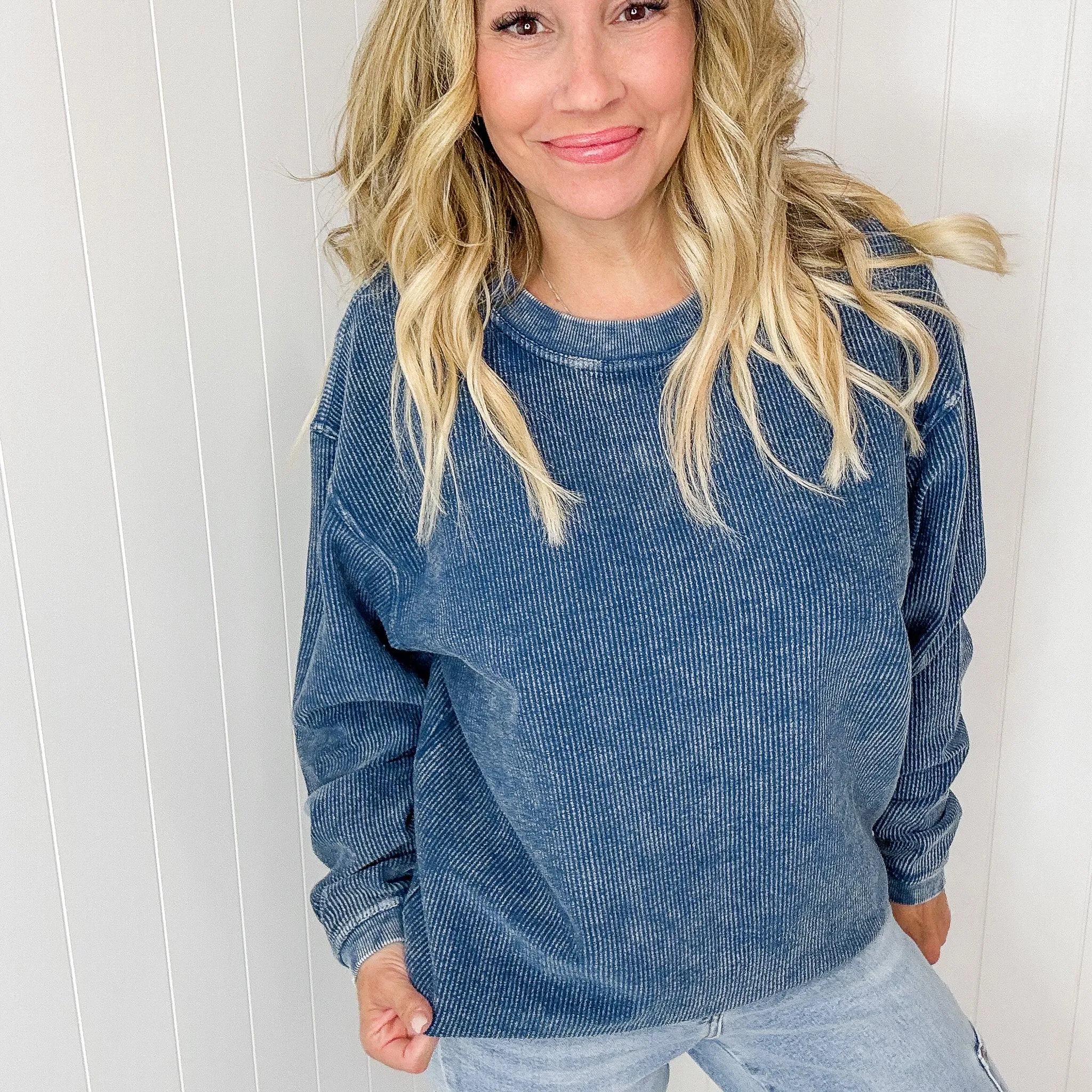 Navy Snow Washed Oversized Luxe Soft Corded Crewneck Pullover sold by Boujee Boutique product image thumbnail 2