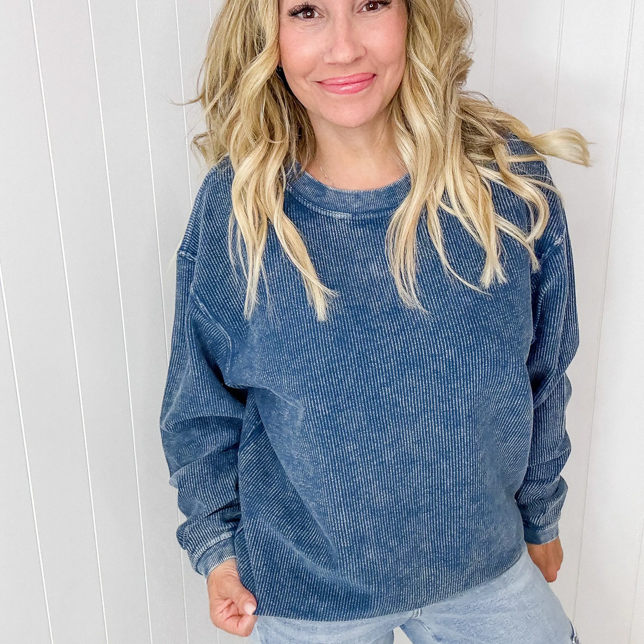 Navy Snow Washed Oversized Luxe Soft Corded Crewneck Pullover sold by Boujee Boutique product image thumbnail 3