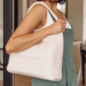 Woven and Worn Tote in Ivory sold by Boujee Boutique