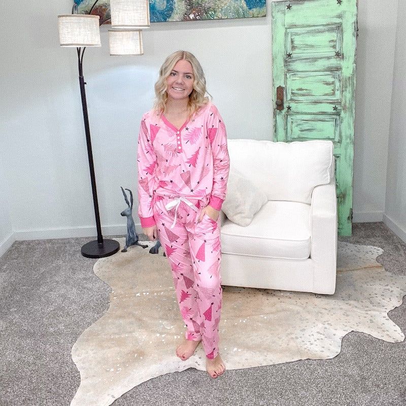 Buttery Soft Pink Christmas Tree Pajama Set sold by Boujee Boutique product image thumbnail 2
