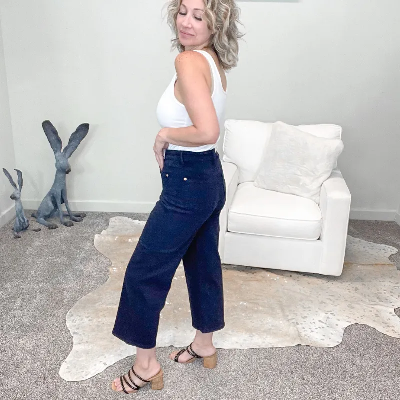 Judy Blue High Waist Navy Tummy Control Wide Cropped Jeans sold by Boujee Boutique product image thumbnail 3