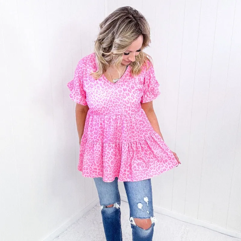 Pink Leopard Ruffle Trim Short Sleeve Top sold by Boujee Boutique