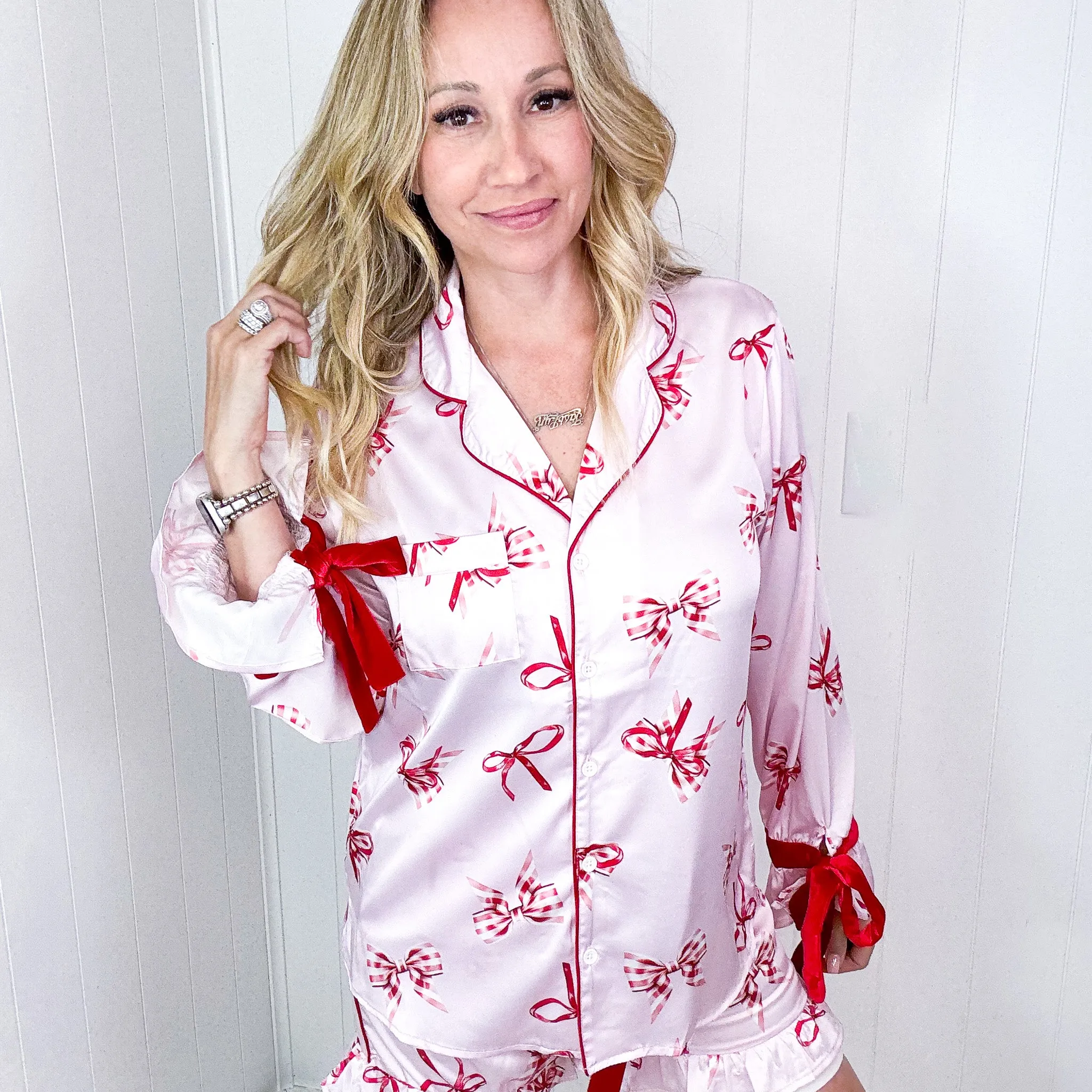 Red and White Girly Bows Poly Satin and Velvet Pajama Top sold by Boujee Boutique product image thumbnail 4