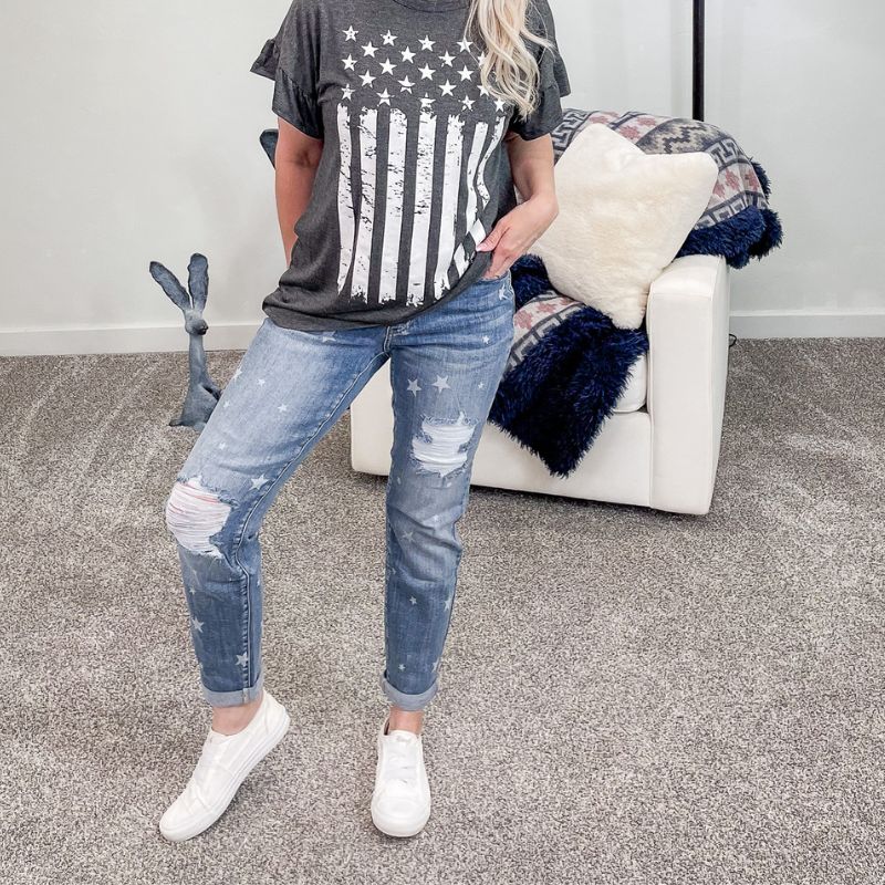 Judy Blue Mid Rise Star Crossed Distressed Boyfriend Jeans sold by Boujee Boutique
