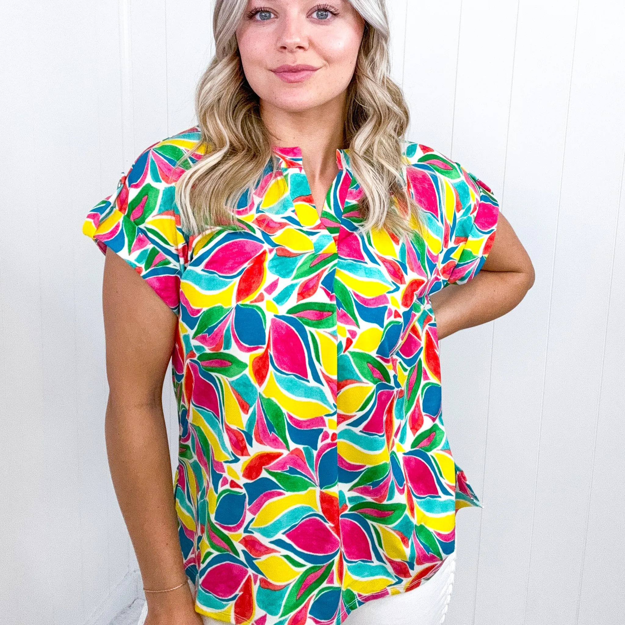 Dear Scarlett Lizzy Cap Sleeve Top in Emerald and Teal Mod Floral sold by Boujee Boutique product image thumbnail 4