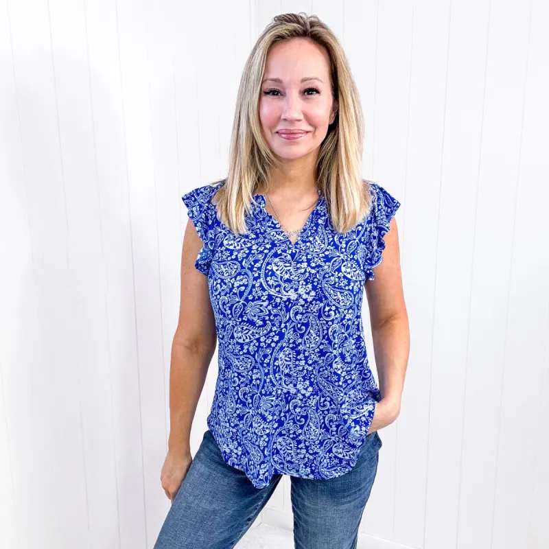 Dear Scarlett Lizzy Flutter Sleeve Top in Royal Blue and White Floral sold by Boujee Boutique