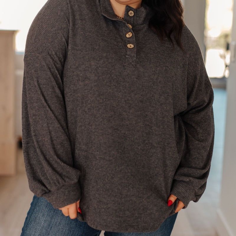 Cozy All Over Charcoal Henley Long Sleeve Top sold by Boujee Boutique product image thumbnail 3