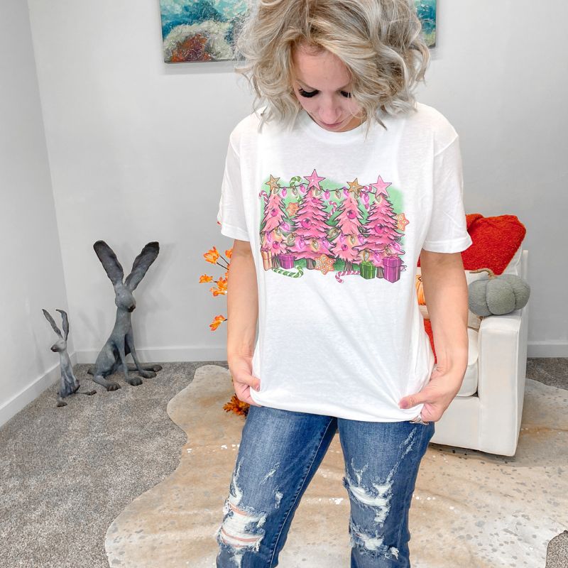 Bling Pink Christmas Tree Graphic Short Sleeve Tee sold by Boujee Boutique product image thumbnail 3