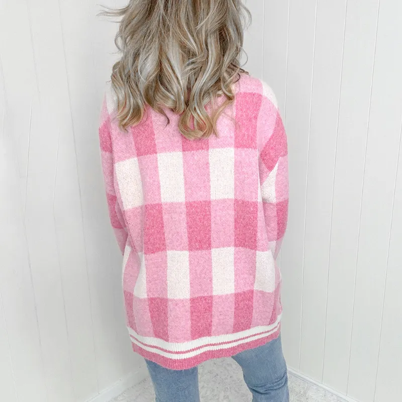Pink Checkered Patch Pockets Sweater Cardigan sold by Boujee Boutique product image thumbnail 4