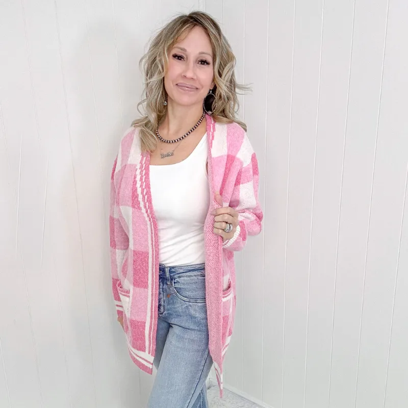 Pink Checkered Patch Pockets Sweater Cardigan sold by Boujee Boutique product image thumbnail 2