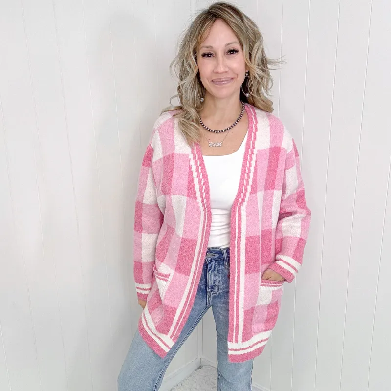 Pink Checkered Patch Pockets Sweater Cardigan sold by Boujee Boutique