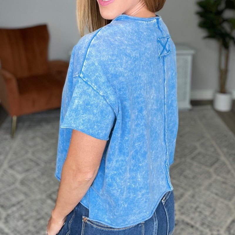 Acid Wash Raw Edge Short Sleeve Crop Top in Ocean Blue sold by Boujee Boutique product image thumbnail 3