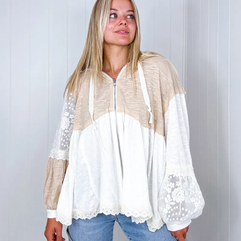 Pol Lace Me Up Cream and Beige  Multi Lace and Ribbed Hoodie sold by Boujee Boutique