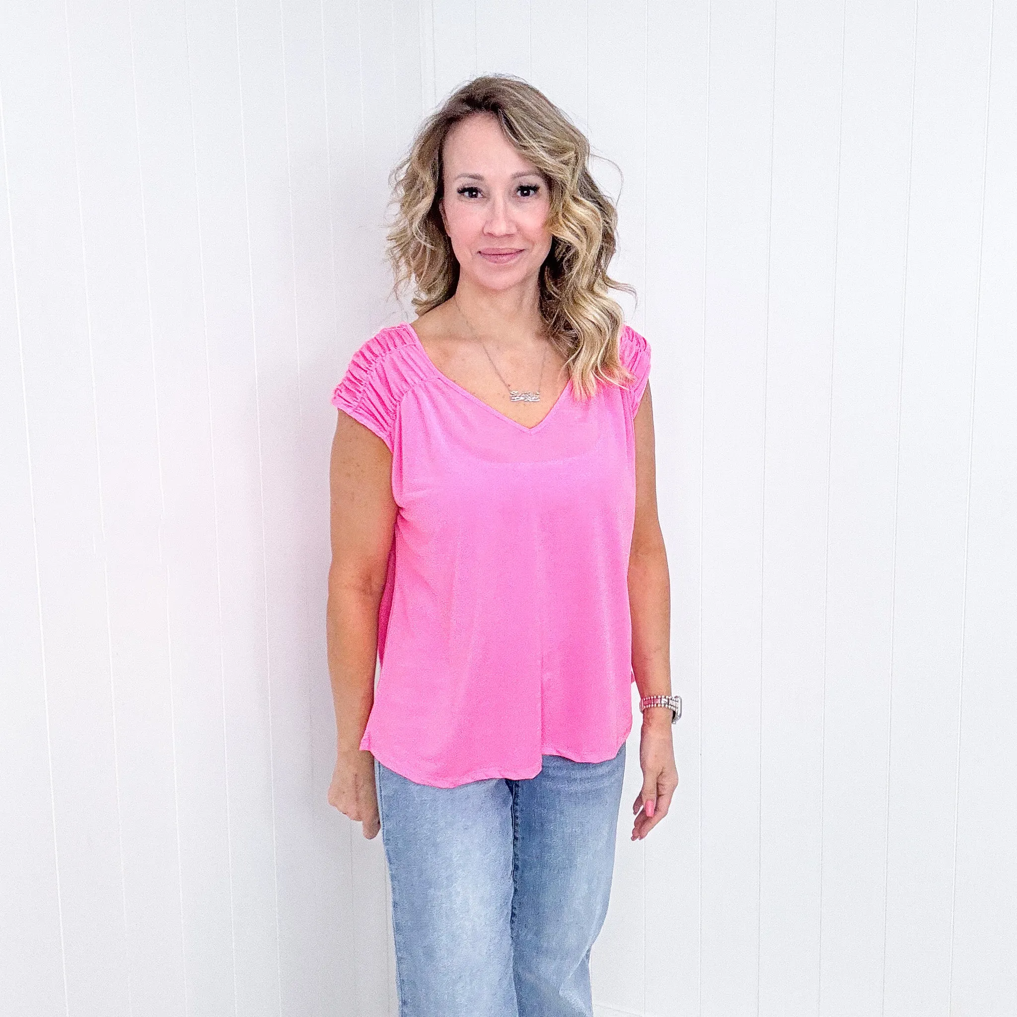 Dear Scarlett Ruched Cap Sleeve Top in Neon Pink sold by Boujee Boutique product image thumbnail 3