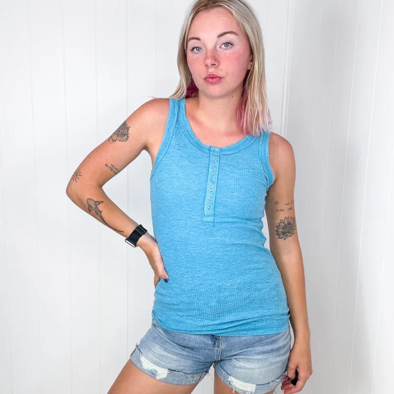 Summer Days Ice Blue Melange Ribbed Henley Button Down Tank Top sold by Boujee Boutique