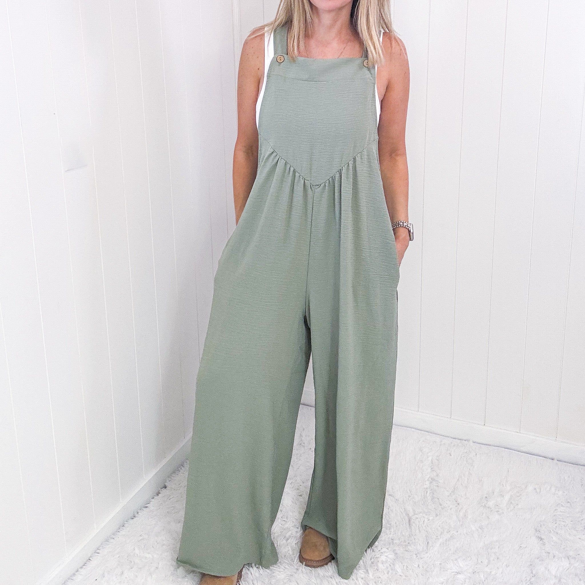 Move On Over Sage Wide Leg Suspender Overall Jumpsuit sold by Boujee Boutique product image thumbnail 3