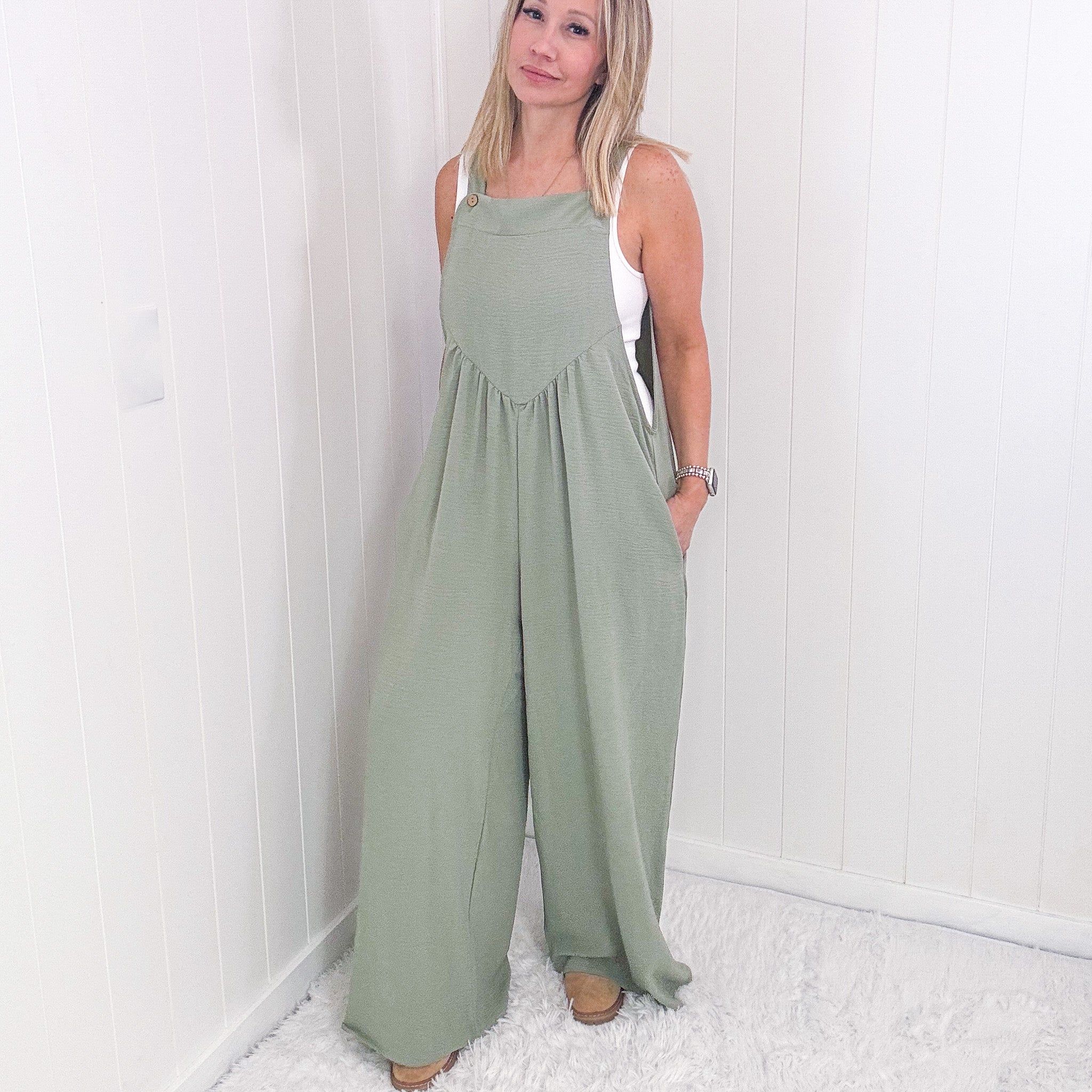 Move On Over Sage Wide Leg Suspender Overall Jumpsuit sold by Boujee Boutique