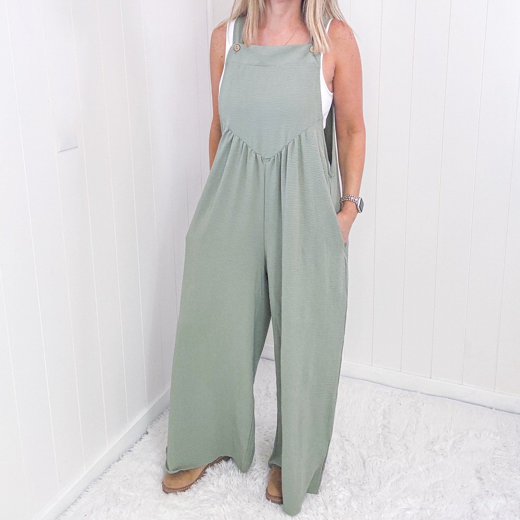 Move On Over Sage Wide Leg Suspender Overall Jumpsuit sold by Boujee Boutique product image thumbnail 2
