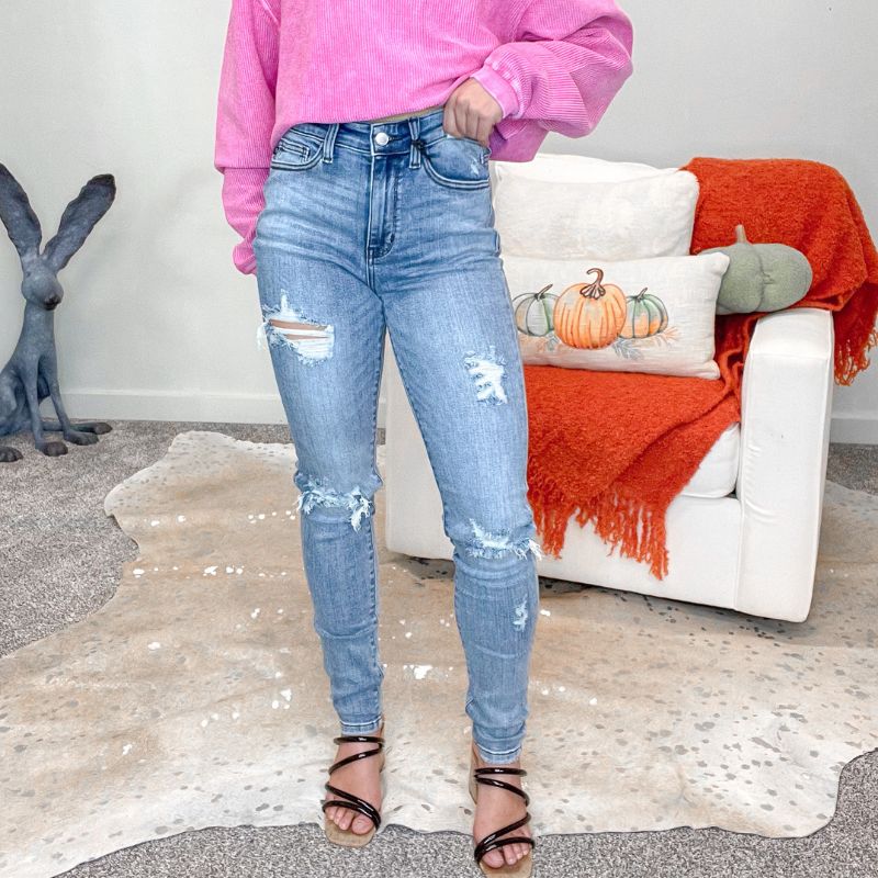 Judy Blue Prescott High Waist Destroyed Long/Tall Skinny Jeans sold by Boujee Boutique product image thumbnail 4