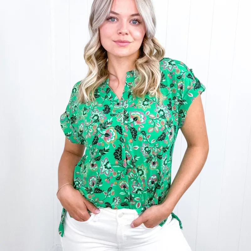 Dear Scarlett Lizzy Cap Sleeve Top in Green and Black Floral sold by Boujee Boutique
