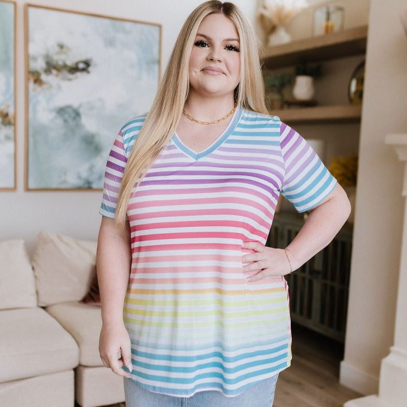 Looking for Rainbows V-Neck Striped Short Sleeve Top sold by Boujee Boutique